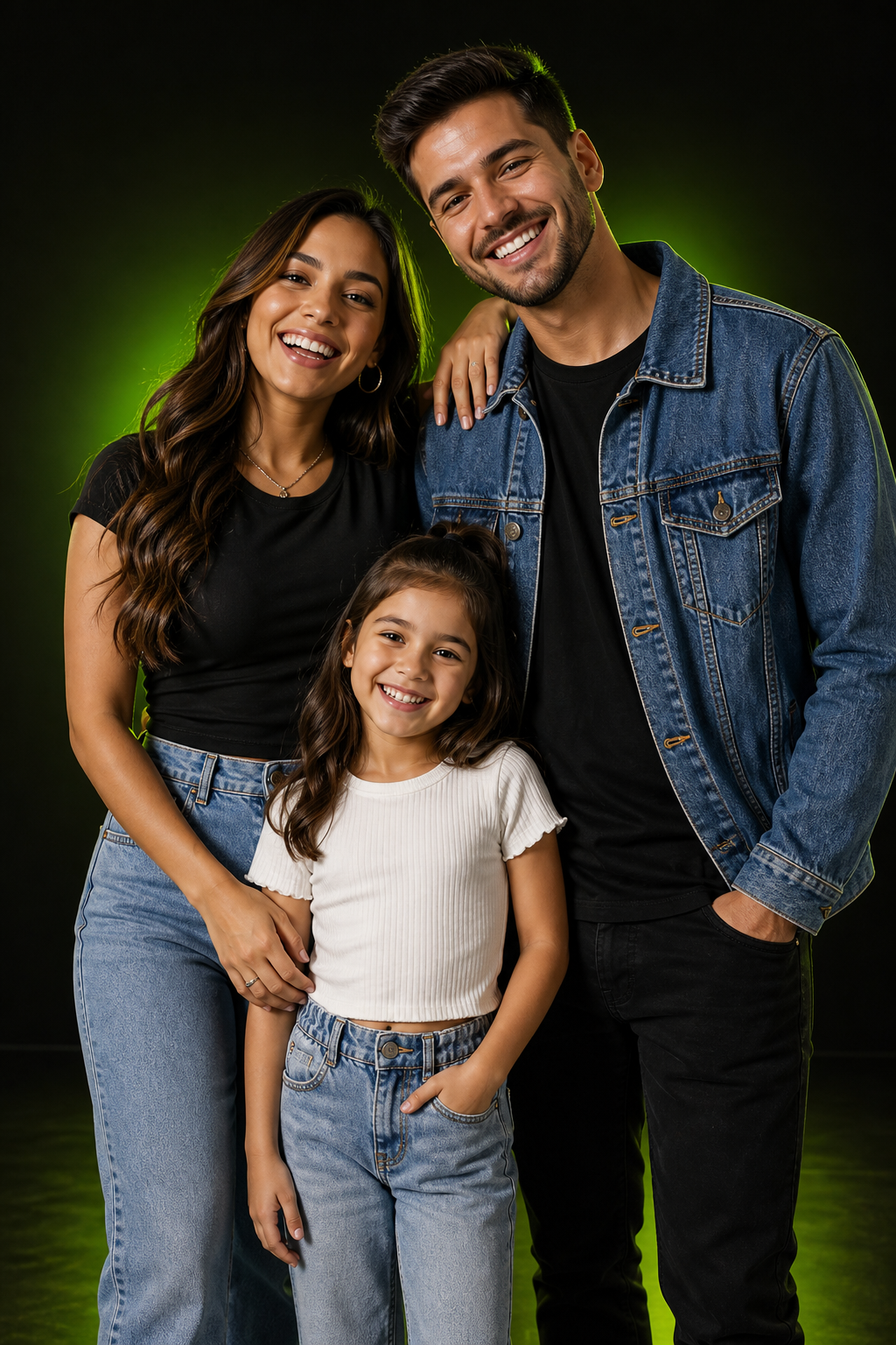 Família feliz vestindo moda da Loja Precinho10