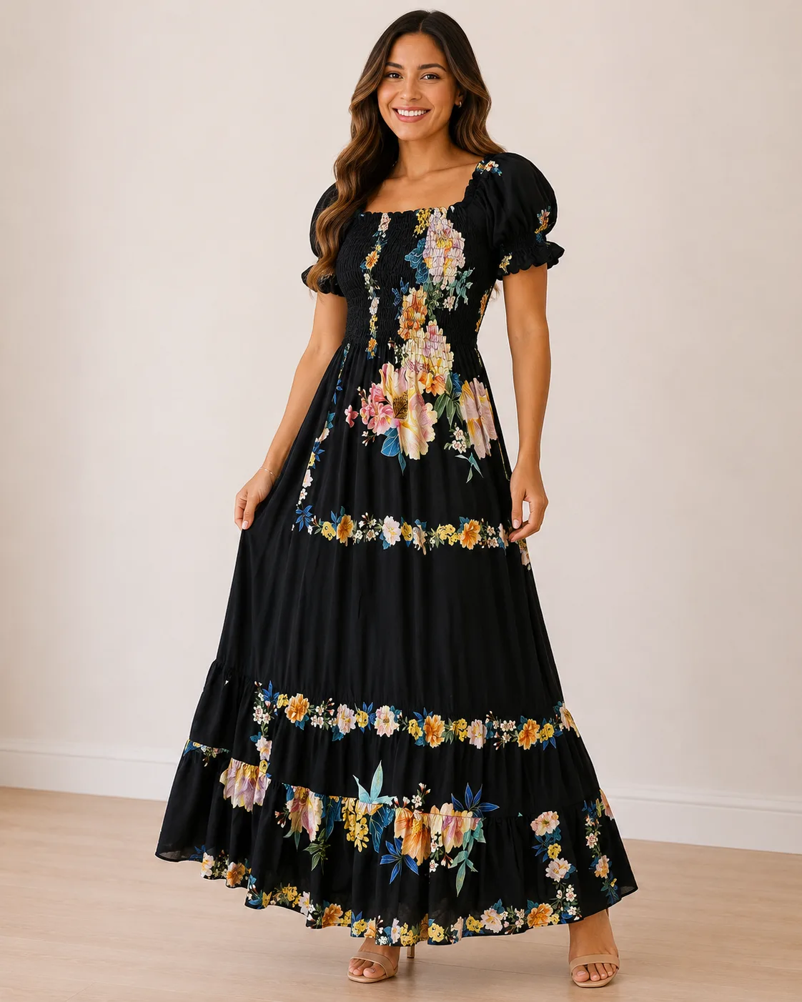 Vestido Longo Aurora Floral Noir Vestidos Floral Noir da Loja Precinho10
