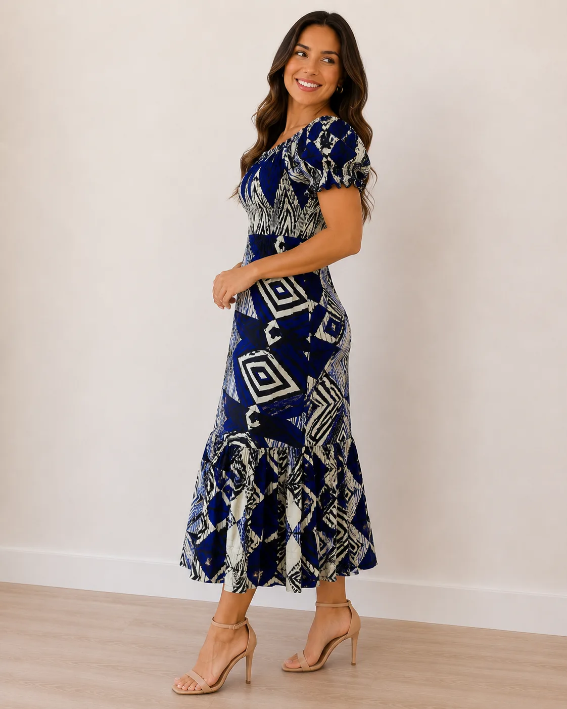 Vestido Longo Aurora Geométrico Azul Moda feminina Geométrico Azul da Loja Precinho10 lado/costas